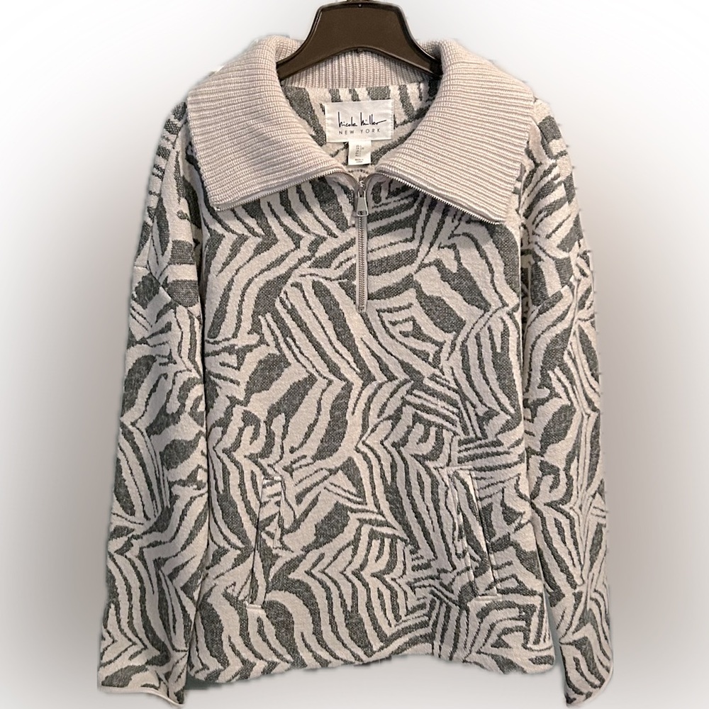 Nicole Miller NY 1/4 Zip Wing Collar Turtleneck Zebra Print Sweater Women’s L